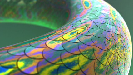 3D hyper-realistic rendering of abstract object with vivid color and snake-like scales, a representation of life-threatening scene