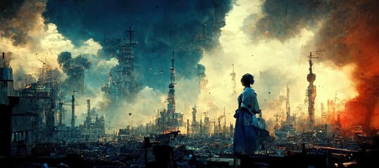 girl standing in the city after war in the future . cocnept art