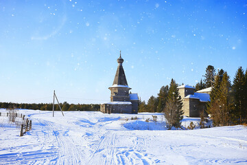 wooden church in the Russian north landscape in winter, architecture historical religion Christianity