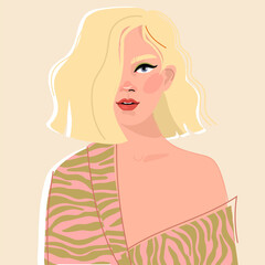 young beautiful girl in a bare shoulder in a red kimono . flat illustration.