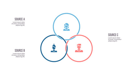 Business process. Chart with 3 steps, options, sections. Vector template.