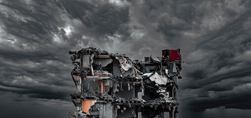 Demolition of old building. Front view - obrazy, fototapety, plakaty