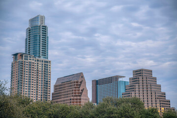 Cityscape above the trees views from Butler Metro Park- Austin, Texas