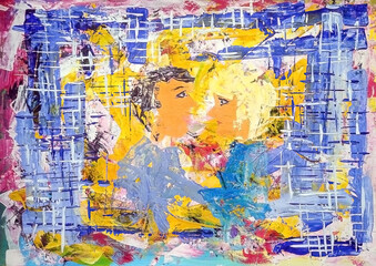 Fototapeta na wymiar An abstract couple in love. Abstract painting, can be used as a fashionable background for wallpaper, posters. Drawing with a brush.