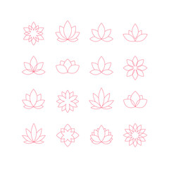 Set of linear lotus icons. Collection of floral design elements. Decorative symbols. Vector illustration.	