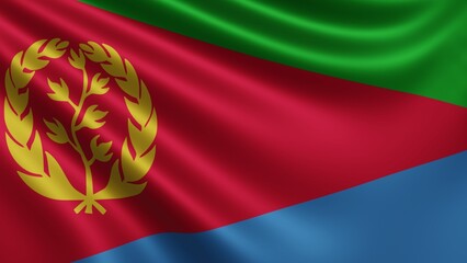Render of the Eritrea flag flutters in the wind close-up, the national flag of Eritrea flutters in 4k resolution, close-up, colors: RGB. High quality 3d illustration