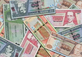 Paper money from Guatemala. Guatemalan quetzal. Close up banknotes from Guatemala. Guatemalan currency 