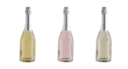 Isolated of three colorful bottles of champagne with blank mock up label,  front view