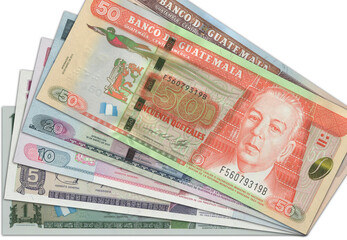 Fototapeta na wymiar Paper money from Guatemala. Guatemalan quetzal. Close up banknotes from Guatemala. Guatemalan currency 