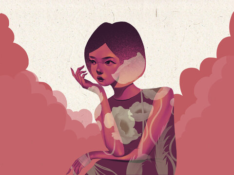 Woman surrounding by flowers, surrealistic painting,  oriental illustration