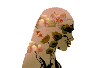 Woman silhouette with flowers and golden fish, surrealistic painting, transparent background, warm colors, fall, autumn, summer, cutout, oriental illustration