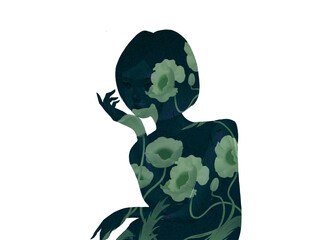 Woman silhouette with flowers, patterns all over her body, surrealistic painting, transparent background, oriental illustration