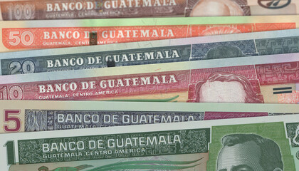 Paper money from Guatemala. Guatemalan quetzal. Close up banknotes from Guatemala. Guatemalan currency 