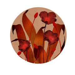 Blooming flowers, plants, autumn, fall, circle cut out, transparent background, oriental illustration