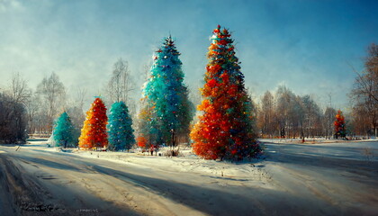 Colorful Christmas trees in the winter landscape. Illustration for wall art, background or postcards