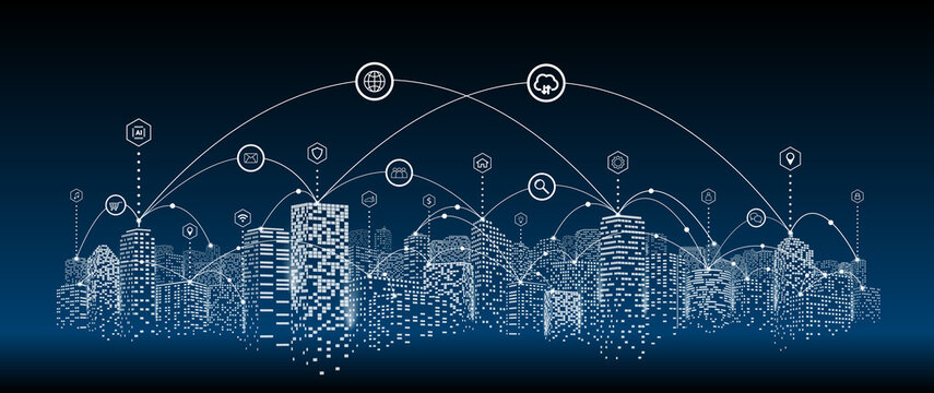 Communication in digital or smart city, social network connections, Business technology concept.