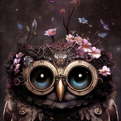 Whimsical Steampunk Owl with Flowers. Artificial Intelligence Concept. 3d Illustration