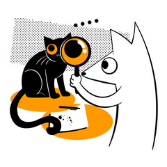 Cat looks through a magnifying glass