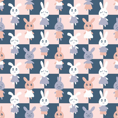 Retro seamless pattern with bunnies on checkered background. Perfect checkerboard print for tee, textile and fabric. Hand drawn illustration for decor and design.