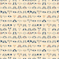 Fototapeta na wymiar Doodle style dogs in sunglasses seamless pattern. Animalistic characters print for tee, textile and fabric. Hand drawn illustration for decor and design.