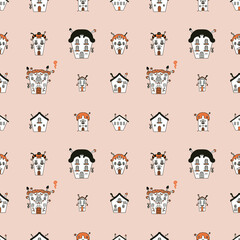 Happy Halloween haunted houses seamless pattern. Spooky print for T-shirt, paper, textile and fabric. Doodle illustration for decor and design.