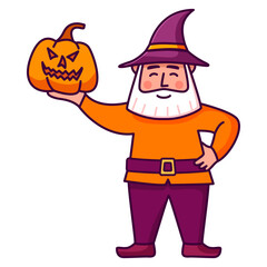 Halloween gnome in hat with a pumpkin in his hand. Pumpkin carved evil face.Holidays greeting card.Trick or treat. Isolated on white background. Vector flat illustration.