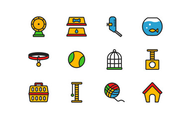 Pets care icon set on white background. Flat design. Domestic animals supplies signs.