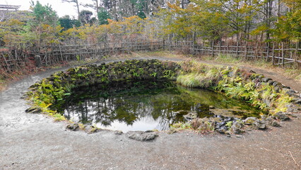 山梨県忍野八海　鏡のような水面の「銚子池」　6622