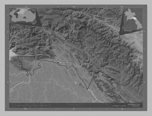 Bolikhamxai, Laos. Grayscale. Labelled points of cities