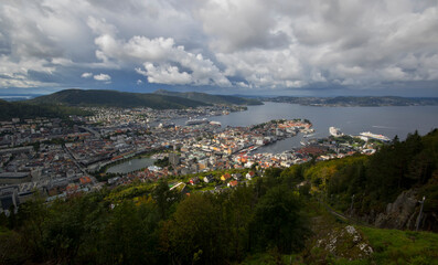 Fototapeta na wymiar Norway. Bergen. View of the city and the bay from the observation deck at the top of the hill