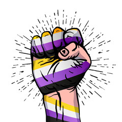 A human hand clenched into a fist. Flag of non-binary pride. A colorful logo of one of the LGBT flags. Sexual identification. Vector illustration