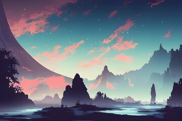 Sunset in the mountains - Vector art