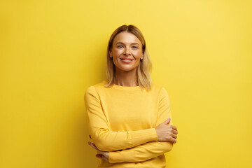 Blonde Woman Posing Isolated. Portrait of Bossy Woman Looking at Camera, Feeling Confident Focused...