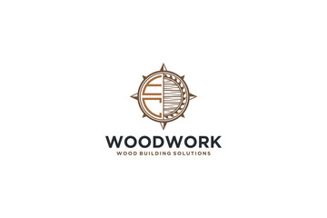 Capenter wood work logo design windrose vintage timber lumberjack wood log element
