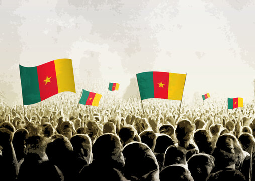 Crowd with the flags of Cameroon, people cheering national team of Cameroon. Ai generated illustration of crowd.