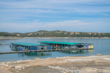 Austin, Texas- View of docked party boats at Lake Austin