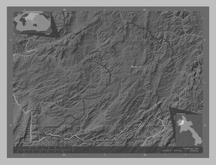 Oudomxai, Laos. Grayscale. Labelled points of cities