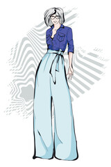 Beautiful young girl in stylish clothes. Fashion woman look. Sale concept. Hand-drawn fashion illustration. Cute girl in fashion clothes.