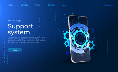 Naklejka premium Web development and coding. Cross-platform development site. Application development banner, adaptive layout of the web interface of the application on the touch screen of the smartphone.