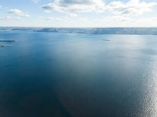 The concept of ecology. Bird's-eye view of the river and mountains. The view from the drone. Aerial photography of autumn.