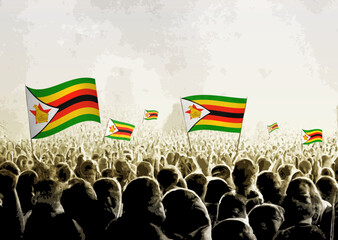 Crowd with the flags of Zimbabwe, people cheering national team of Zimbabwe. Ai generated illustration of crowd. - obrazy, fototapety, plakaty