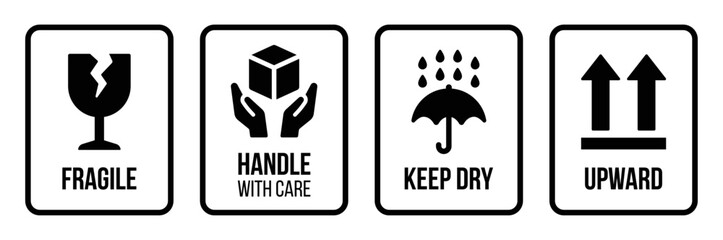 Fragile package icon, handle with care logistics and delivery shipping sign isolated on white background.