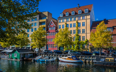 Red house in Christianshavn, Copenhagen with boats