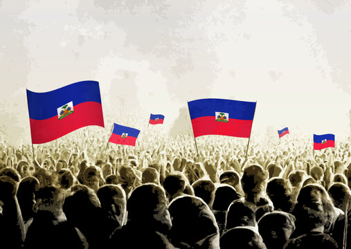 Crowd with the flags of Haiti, people cheering national team of Haiti. Ai generated illustration of crowd.