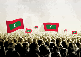 Crowd with the flags of Maldives, people cheering national team of Maldives. Ai generated illustration of crowd.