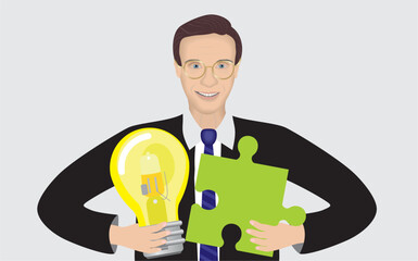 Man have the idea and solution, holding light bulb and jigsaw piece. Vector illustration.