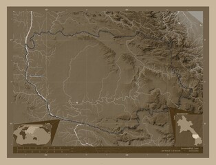 Savannakhet, Laos. Sepia. Labelled points of cities