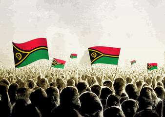 Crowd with the flags of Vanuatu, people cheering national team of Vanuatu. Ai generated illustration of crowd.