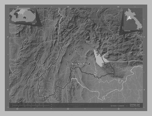 Vientiane, Laos. Grayscale. Labelled points of cities