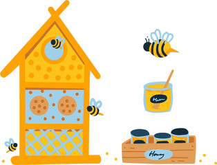 Simple illustration of beehive with bees and jars of honey. Concept of healthy organic food.